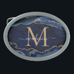 Modern Navy Blue Gold Agate Geode Girl Monogramm Ovale Gürtelschnalle<br><div class="desc">Modern Glam Navy Blue Gold Glitzer Sparkle Agate Geode Gemstone Elegante Feminine Monogram Script Name Gürtel Schnalle</div>
