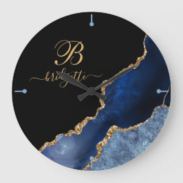 Modern Navy Blue Gold Agate Geode Monogram Große Wanduhr
