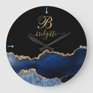 Modern Navy Blue Gold Agate Geode Monogram Large C Große Wanduhr