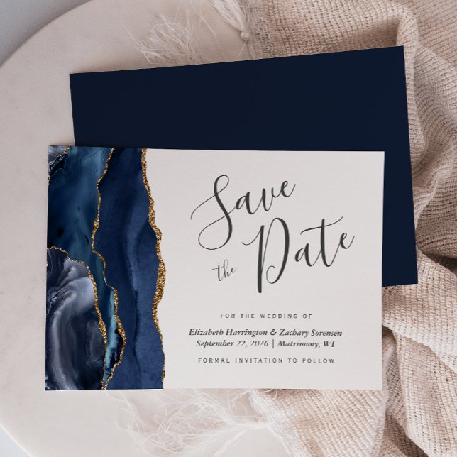 Modern Navy Blue Gold Agate Save the Date Einladung (Von Creator hochgeladen)