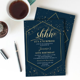 Modern Navy Blue Gold Geometrie Überraschung Gebur Einladung