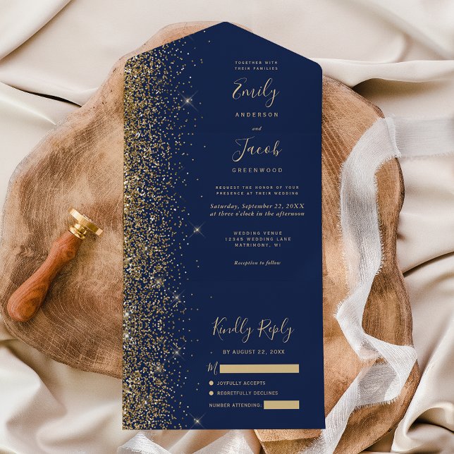 Modern Navy Blue Gold Glitter Wedding All In One Einladung (Von Creator hochgeladen)