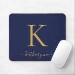Modern Navy Blue Gold Monogram Mousepad<br><div class="desc">Modern Elegant Gold Monogram Script. Wir haben ein Modern Blue Mouse Pad. Easy to customize with your own name and details. Perfekt for your modern minimalist yet luxury lifestyle! Please contact us at cedarandstring@gmail.com if you need assistance with the design or matching products.</div>