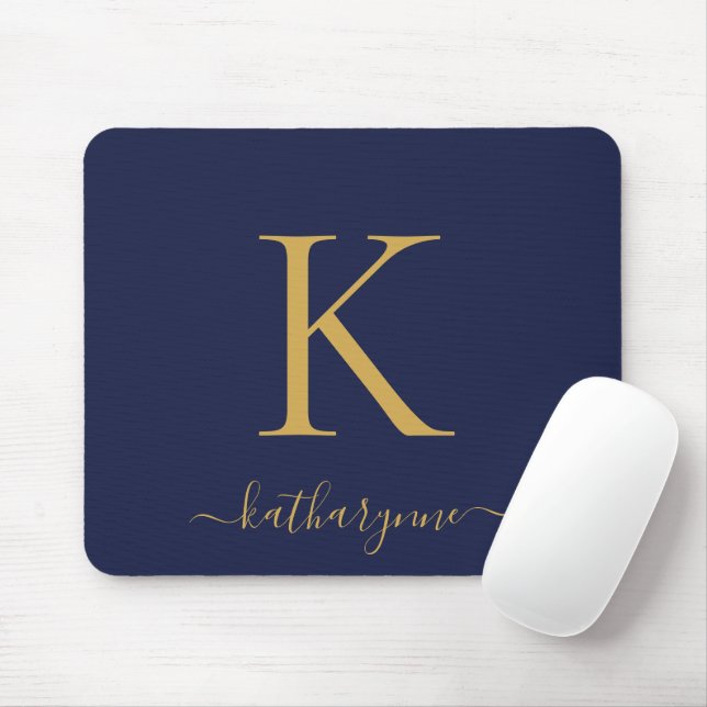 Modern Navy Blue Gold Monogram Mousepad (Mit Mouse)