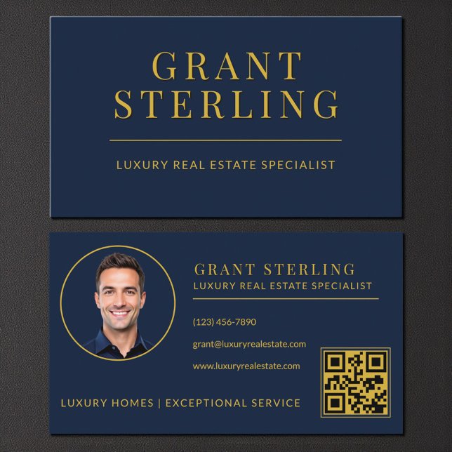 Modern Navy Blue Gold Real Estate Agent QR Code Visitenkarte (Von Creator hochgeladen)