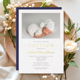Modern Navy Blue Gold Script Foto Boy Taufe Folieneinladung