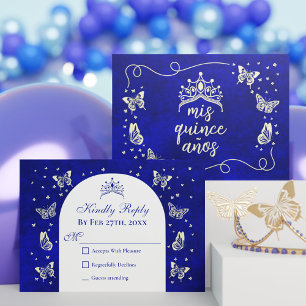 Modern Navy Blue Gold Tiara Butterfly Quinceañera RSVP Karte