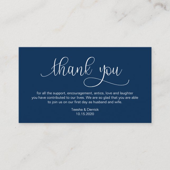 Modern Navy Blue Hand Lettered, Wedding Danke Begleitkarte (Vorderseite)
