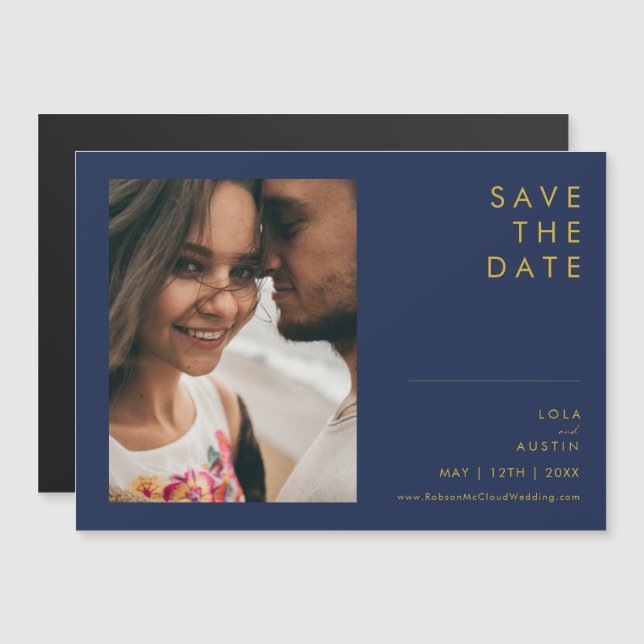 Modern Navy Blue | Horizontal Save the Date Gold Magneteinladung (Vorne/Hinten)