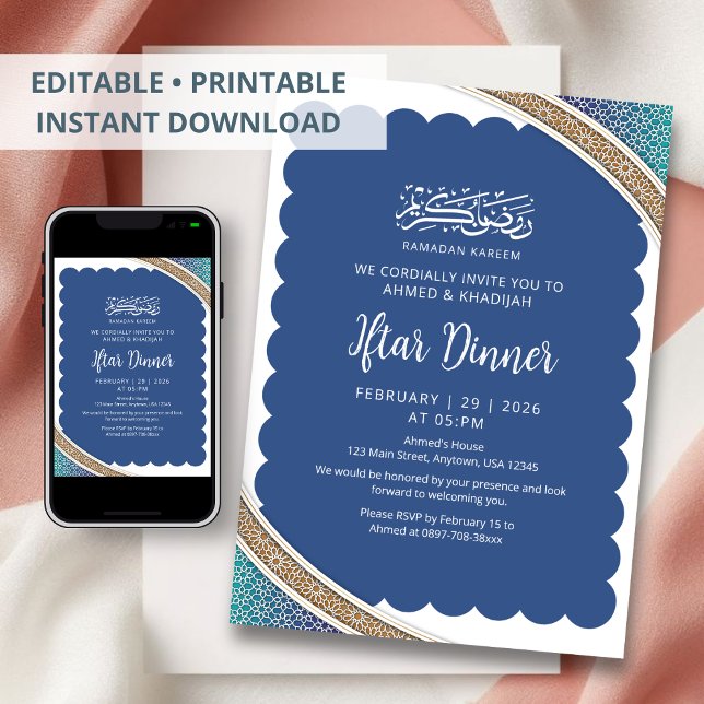 Modern Navy Blue Islamic Geometric Iftar Dinner Einladung (Von Creator hochgeladen)