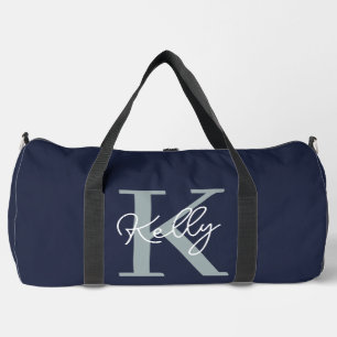 Modern Navy Blue Monogram Script Duffle Bag