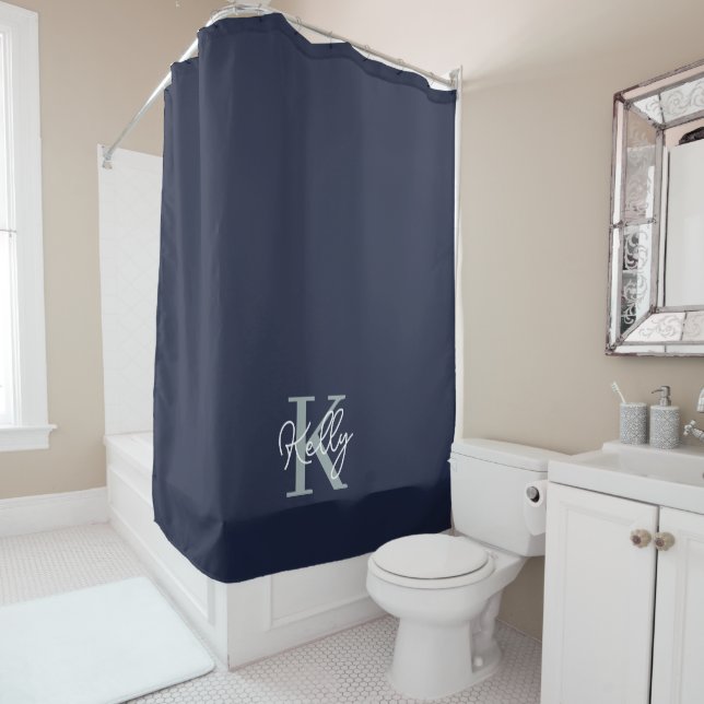 Modern Navy Blue Monogram Script Duschvorhang (Beispiel)