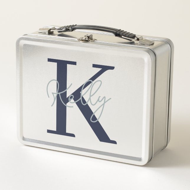 Modern Navy Blue Monogram Script Metall Brotdose (Vorderseite)