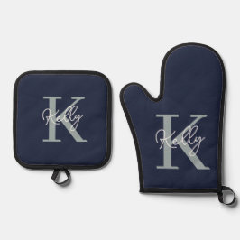 Modern Navy Blue Monogram Script Ofenhandschuh & Topflappen-Set