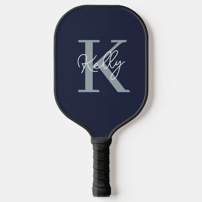 Modern Navy Blue Monogram Script Pickleball Schläger (Vorderseite)