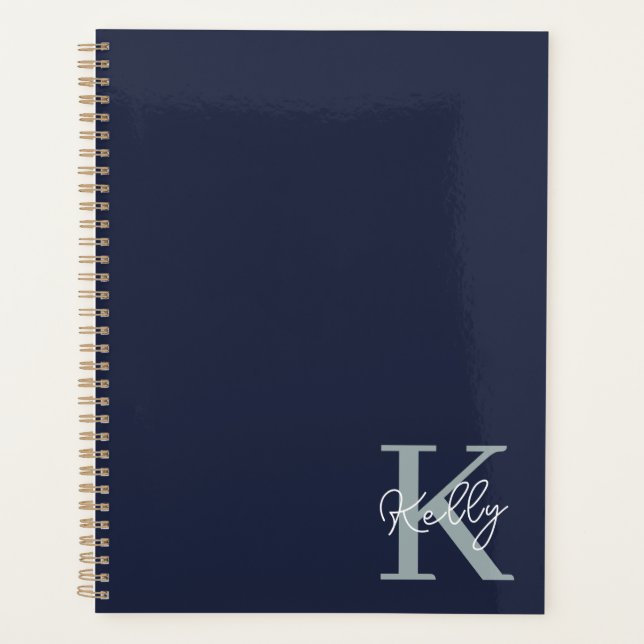 Modern Navy Blue Monogram Script Planer (Vorderseite)
