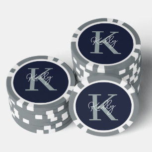 Modern Navy Blue Monogram Script Pokerchips