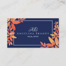 Modern Navy Blue & Orange Floral Business Card Visitenkarte