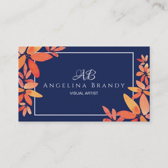 Modern Navy Blue & Orange Floral Business Card Visitenkarte (Vorderseite)