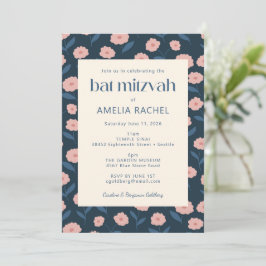 Modern Navy Blue Pink Boho Floral Bat Mitzvah UAWG Einladung