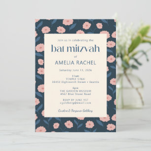 Modern Navy Blue Pink Boho Floral Bat Mitzvah UAWG Einladung