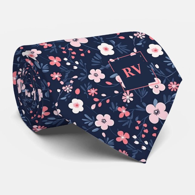 Modern Navy Blue Pink Floral Monogram Krawatte (Gerollt)
