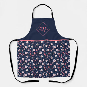 Modern Navy Blue Pink Floral Monogram Schürze