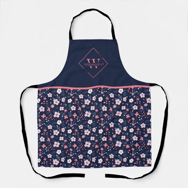 Modern Navy Blue Pink Floral Monogram Schürze (Vorderseite)