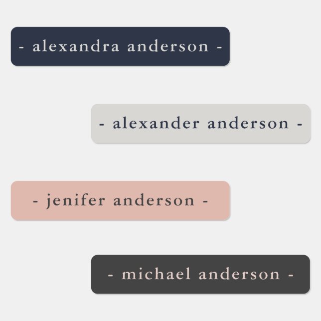 Modern Navy Blue Platinum Rose Waterproof Name Etiketten (Gruppe)