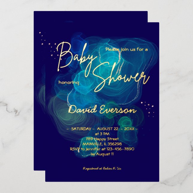 Modern Navy Blue Real Gold Folieneinladung (Vorderseite/Rückseite)