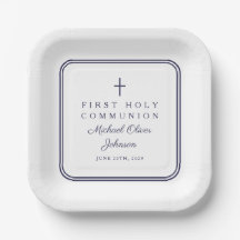 Modern Navy Blue Religious Boy First Communion