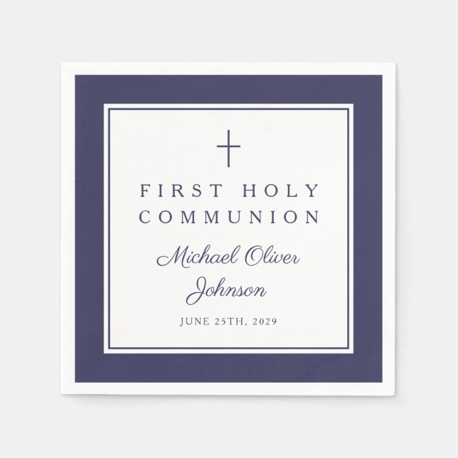 Modern Navy Blue Religious Boy First Communion Serviette (Vorderseite)