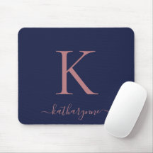 Modern Navy Blue Rose Gold Monogram Script