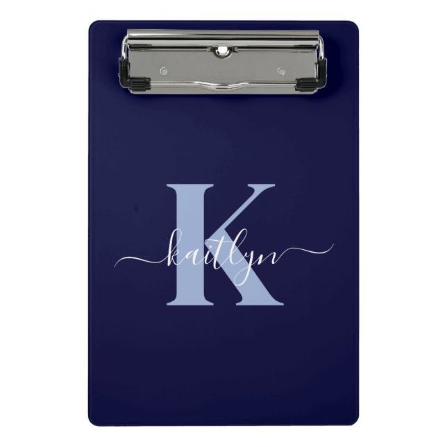 Modern Navy Blue Script Monogram Mini Klemmbrett (Vorderseite)