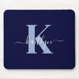 Modern Navy Blue Script Monogram Mousepad