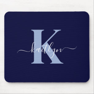 Modern Navy Blue Script Monogram Mousepad