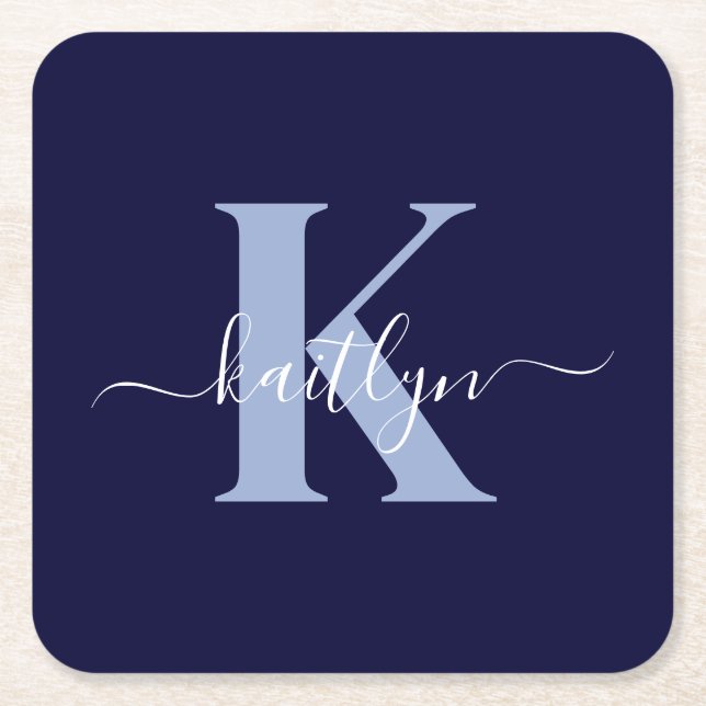 Modern Navy Blue Script Monogram Rechteckiger Pappuntersetzer (Vorderseite)