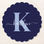 Modern Navy Blue Script Monogram Untersetzer<br><div class="desc">Diese einfachen, eleganten marineblauen Untersetzer mit abgerundeten Kanten mit Ihrem Vornamen in einem trendigen Schriftart in Weiß, der Ihren ersten Start in einem modernen Schriftart in hellblau tippt, sind ideal für den behalt von Tischen und Zählern, die frei von Wasserringen sind. Sie nehmen Tröpfchen auf, damit Sie sich keine Sorgen...</div>