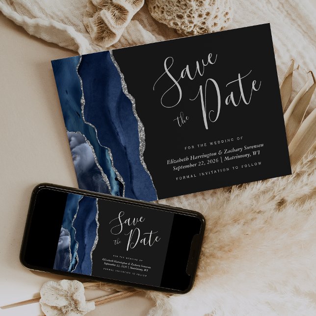 Modern Navy Blue Silver Agate Save the Date Card Einladung (Von Creator hochgeladen)