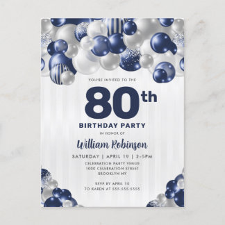 Modern Navy Blue Silver Glitzer Ballon Birthday Postkarte