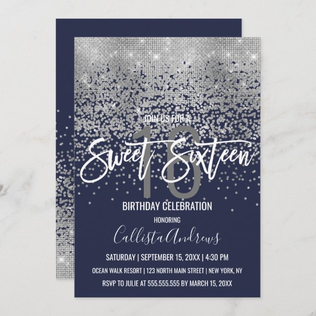 Modern Navy Blue Silver Glitzer Confetti Sweet 16 Einladung (Vorne/Hinten)