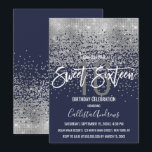 Modern Navy Blue Silver Glitzer Confetti Sweet 16 Einladung<br><div class="desc">Diese schicke und glamouröse Sweet 16 Invitation ist ein trendiges und modisches Design mit einem Imitat gedruckt gürlich funkelnd Silber-Glitzer-Sequin, abstrakt Konfetti ombre Farbverlauf auf einem marineblauen blauen Hintergrund. Es ist perfekt für das moderne und elegante Geburtstagsmädchen mit seinem hübschen und künstlerischen, weißen Pinselstrich und individueller Typografie. Passen Sie die...</div>