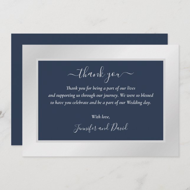 Modern Navy Blue und Silver Danke Card (Vorne/Hinten)