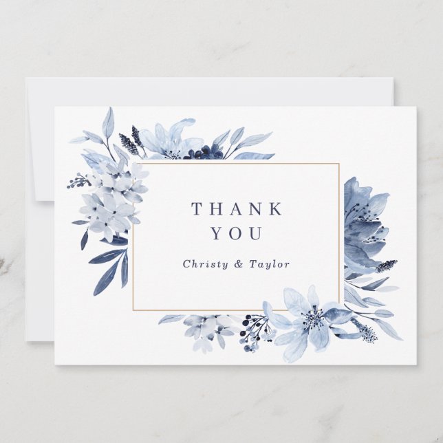 Modern Navy Blue Watercolor Floral Danke Karte (Vorderseite)