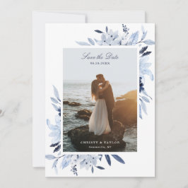 Modern Navy Blue Watercolor Floral Save the Date Einladung