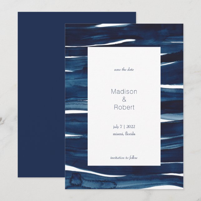 Modern Navy Blue Watercolor Waves Save the Date Einladung (Vorne/Hinten)