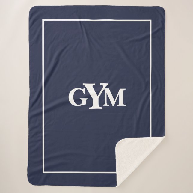 Modern Navy Blue White Gerahmt Block Monogram Sherpadecke (Vorderseite)