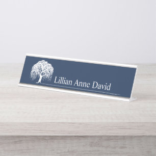 Modern Navy Blue Willow Tree Logo Personalisiert Schreibtischnamensplakette
