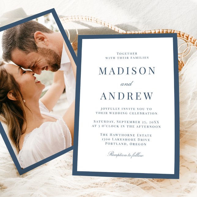 Modern Navy Border Photo Wedding Einladung (Von Creator hochgeladen)