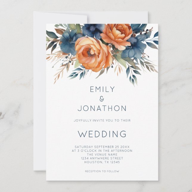 Modern Navy Burnt Orange Florals QR Code Wedding Einladung (Vorderseite)